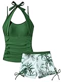 Halter Neck Swimming Suits for Teens Girl Cute Tropical Printed Top Shirt with Swim Shorts Beach Swimsuits Modest Drawstring Clothing Sets Trendy Two Piece Tankinis Green 13-14Y