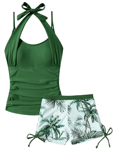 Happy Cherry Two Piece Tankini Set for Girls Cute Tank Top with Swim Shorts Modest Halter Neck Swimwear Tropical Print Adjustable Straps Swimming Suits Drawstring Padded Swimsuits Green 7-8Y