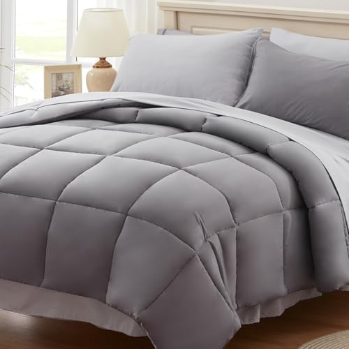 Anluoer Queen Size Bed in a Bag 7 Pieces, Grey Bed Comforter Set with Sheets, All Season Bedding Sets with 1 Comforter,2 Pillow Shams,2 Pillowcases, 1 Flat Sheet,1 Fitted Sheet