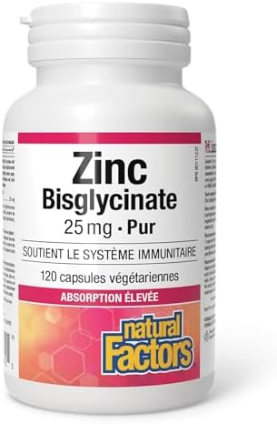 Natural Factors Zinc Bisglycinate 25 mg, 120 Vegetarian Capsules, One-per-Day Formula, Highly Absorbable, Immune Support, Zinc Supplements