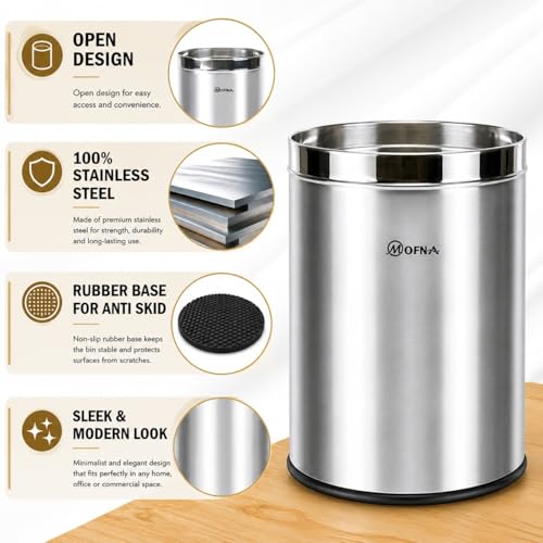 Image of mofna Stainless Steel Open Type Solid Dustbin Without Lid - Recycle Bin, Trash Can, Paper Bin - Modern and Durable Waste Management Solution (Silver, 10x28 Inch, 40 Liter)