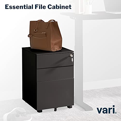 Image of Vari Essential File Cabinet - Home Office Filing Cabinet with Three Drawers for Storage - Metal Storage Cabinet with Roll-and-Lock Caster Wheels & Lockable Top Drawer - Fully Assembled (Black)