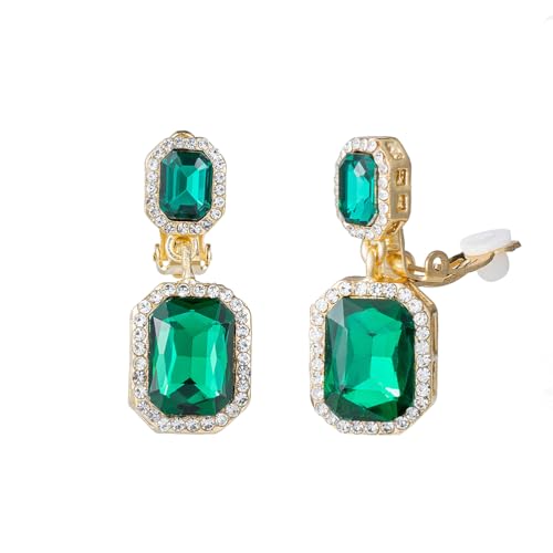 YINLI Austrian Crystal Square Shape Dangle Drop Clip on Earrings for Women