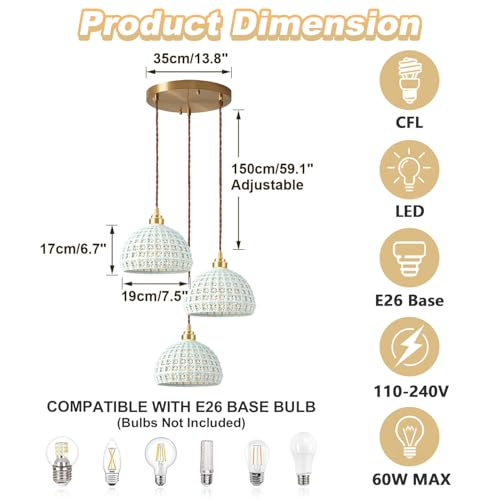 Image of Modern Pendant Light 3-Lights Fixture with Sky Blue Ceramic Shade Brass Vintage Pendant Lighting Industrial Dome Pendant Lamp for Bedroom Kitchen