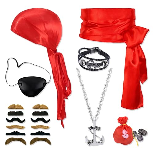 JNYUTEEN 7 Pièces Deguisement Pirate, Accessoires de Costume Pirate avec Ceinture Bandana Cache Oeil Collier Bracelet Bourse et Fausse Moustache, Costume de...