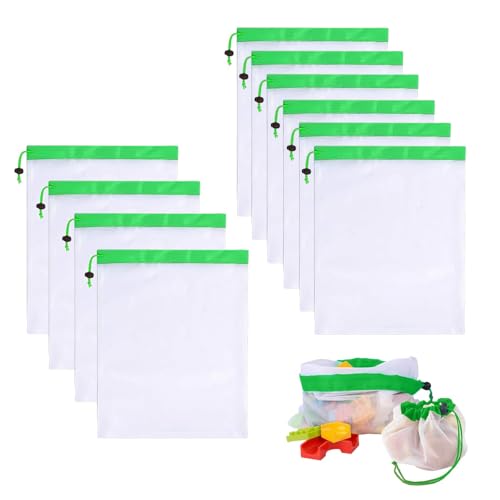 Vimmvid - Lot de 10 grands sacs en filet lavables pour fruits et légumes, avec cordon de serrage, sacs en maille transparente pour le stockage frais des fruits et légumes - -10%