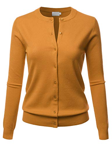 LALABEE Women's Crew Neck Gem Button Long Sleeve Soft Knit Cardigan Sweater Mustard M