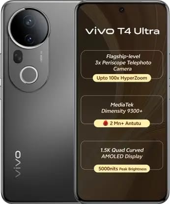 vivo T4 Ultra 5G | 5500 mAh Battery |16.94 cm (6.67 inch) Full HD+ AMOLED Display | 50MP + 8MP + 50MP Periscope | 32MP Front Camera | Dimensity 9300+ Processor (Meteor Grey, 256, GB, 12, GB)