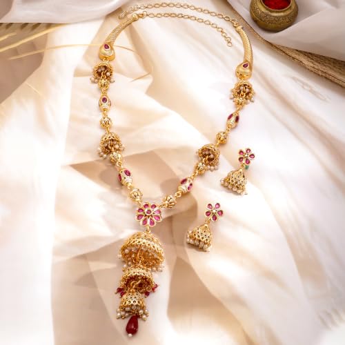 Image of Rubans Gold Plated Traditional Necklace Set with Jhumka for Women