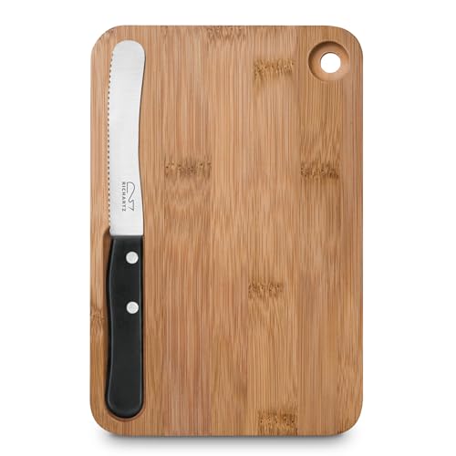 RICHARTZ Petit déjeuner Cut and eat Black Planche à petit-déjeuner en bambou avec couteau en acier inoxydable et support magnétique, planche en bois avec couteau, idéale pour la cuisine, le jardin