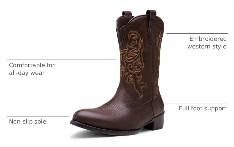 Image of Jousen Cowboy Boots for Men Round Toe Side Zipper 8422 Dark brown 10