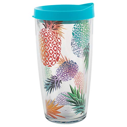 Signature Tumblers Colorful Pineapples Wrap on Clear 16 Ounce Double-Walled Travel Tumbler Mug with Turquoise Easy Sip Lid