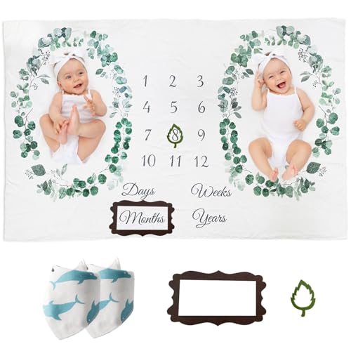 Image of Vlokup Twins Baby Milestone Blanket for Boys & Girls, Premium Flannel Photography Background Prop Blankets, Neutral Boho Green Leaf Wreath…
