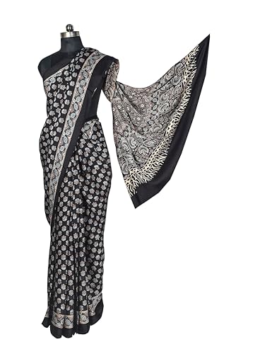 Image of Ethnics of Kutch Womens Ajrakh Modal Silk Natural Dye Hand Block Print Saree with Blouse Piece - 5.5 Mtr Length (Black 27A01L)