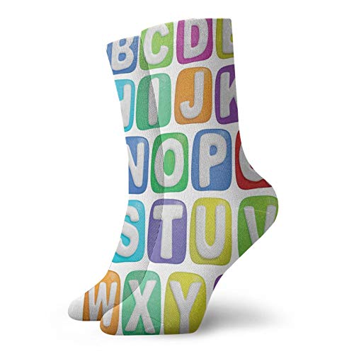 Funky Colorful Cushion Sport Socks,Cartoon Style Colorful Alphabet Squares Children Kids Nursery Kindergarten Design,Athletic Cushioned Running Performance Crew Socks For Men/Women, -12 inch