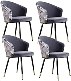 Accoudoir Lot de 4 chaises de salle à manger modernes avec pieds en métal, assise en velours et dossier brodé, chaise de maquillage élégante pour chambre à coucher ou salle à manger