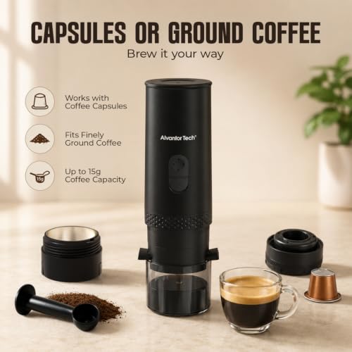 Image of Portable Electric Espresso Machine, Mini Self-Heating Travel Coffee Maker for Ground Coffee & NS Capsules, Ideal for Camping, RV, Hiking & Office
