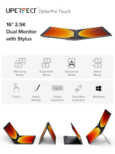 Image of UPERFECT Delta Pro Touch Portable Monitor, 16 inch 2K Laptop Screen Extender, Touchscreen Dual Monitor with Stylus, First Pressure-Sensitive Touch Display, Stacked Folding Vertical Dual Screen with Stand