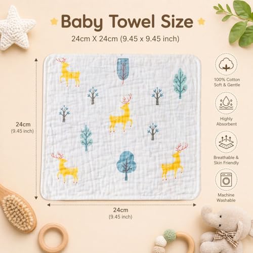 Image of Muslin Cloth for New Born Baby - 6 Layer Cotton Face Towels (Pack of 5) | Extra Soft Baby Napkins & Burp Cloths for Infant, Toddler | Reusable Handkerchiefs for Kids, White Printed(Pack of 5)