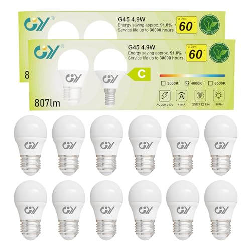 GY 4.9W Bombilla LED E27 Luz Neutra 4000K 807LM (Equivalente a 60W), Bombillas Bajo Consumo G45 Rosca Edison, No Parpadean, No Regulable, 12 Pieza
