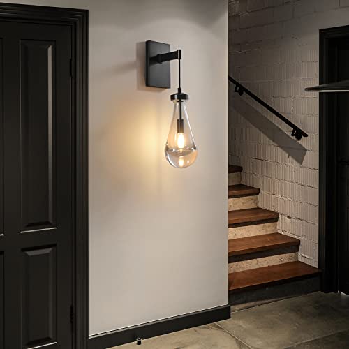 Yuexpand Modern Raindrop Wall Sconces Lighting Set, Matte Black Indoor Vanity Light Fixture For Bathroom, Bedside Wall Lamp With Clear Solid Glass Raindrop For Bedroom, Living Room, Hallway #TOP4