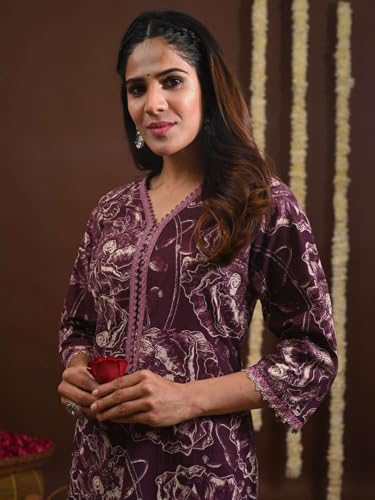 Image of Rimeline Women's Cotton Printed Kurta with Lace-Trim V-Neckline | Straight Fit Ethnic Wear for Festive, Casual & Office Use