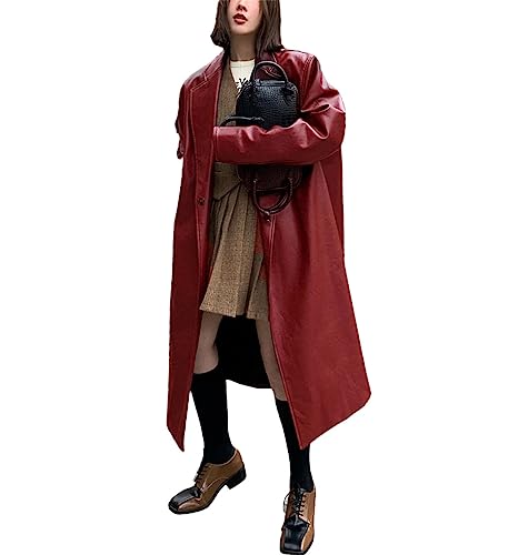 Trench-coat long en cuir rouge vin veste ample style coréen chic pour femme moderne