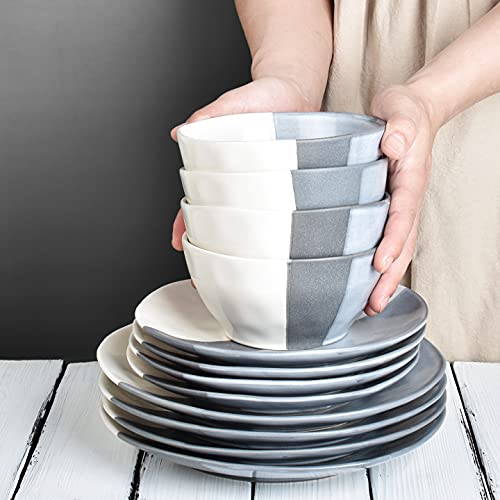 Bosmarlin Stoneware Dinner Plates, 8.5 Inches, Set Of 4 For Salad, Pasta, Dessert, Microwave And Dishwasher Safe, Geometric Patter (Grey, 8.5 In) #TOP5