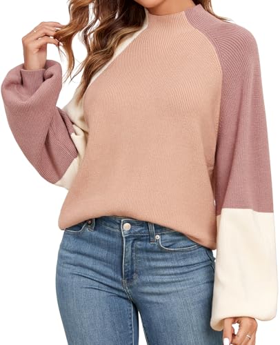 Image of Upopby Women's Fall Winter Color Block Sweaters for Women Trendy Turtleneck Lantern Sleeve Knitted Sweater Jumper Tops