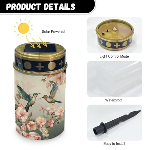 Image of Poceacles Solar Lights Outdoor Grave Solar Lights for Cemetery Decoration Solar Outdoor Lights Cemetery Solar Lamp for Garden Lawn Backyard Pathway Decor, Hummingbird Flower Beige, Pack of 4