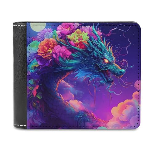 Dragon with Flowers Moon Night Slim Bifold Wallets for Men Stylish Front Pocket Purse with Card Holder Slots