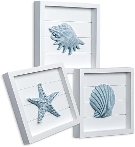 TideAndTales Blue Seashells and Starfish (Framed Set of 3) Coasta...