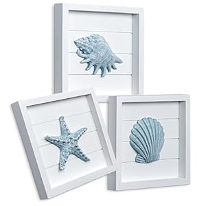 TideAndTales Blue Seashells and Starfish (Framed Set of 3) Coastal 3D Wall Art, Beach Wall Decor for Bathroom or Coastal Bedroom, Ocean Inspired Seaside Decorations for Home or Beach House (7"x7") TideAndTales Blue Seashells and Starfish Framed Set of 3 Coastal 3D Wall Art Beach Wall Decor for Bathroom or Coastal Bedroom Ocean Inspired Seaside Decorations for Home or Beach House 7×7
