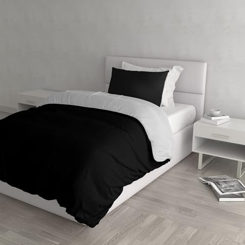 Italian Bed Linen CP-NC-Nero/Grigio Chiaro – 1P Natural Color housse de couette double-face couleur unie avec taies d'oreiller, 100 % Coton, Noir/Gris Clair, single