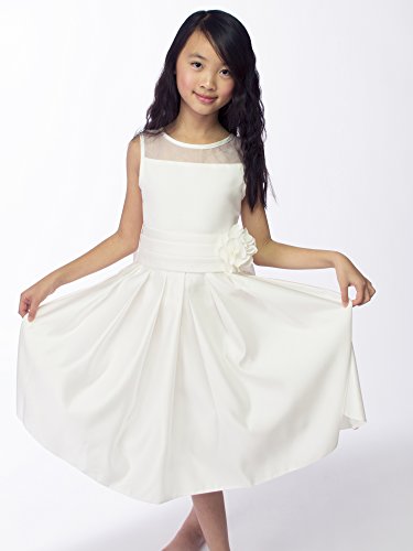 Spring Notion Big Girls Sheer Neckline Satin Tea Length Flower Girl Dress3