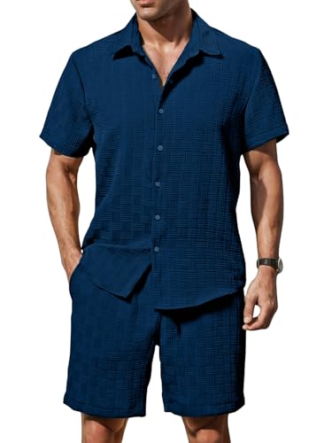 Image of GRECIILOOKS Men'S Summer Casual Two Piece Outfit, Textured Button Down Shirt and Shorts Set, Lightweight Poly Blend Co-Ord for Beach, Travel & Lounge Wear