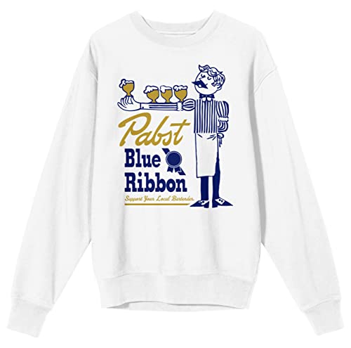 Bioworld Pabst Blue Ribbon Bartender With Beer Logo Men's White Long Sleeve Sweatshirt
