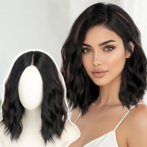 PORSMEER Pelucas pelo natural cabello Marrón corto mezcla rubia de 14 pulgadas peluca longitud de hombro pelucas parte media wavy bob peluca para Mujer diariamente Cosplay Disfraces