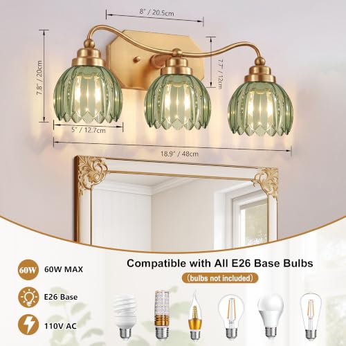 Image of Vintage Gold Vanity Lights, 3 Light Tulip Crystal, Antique Brass Finish | Brushed Gold Bathroom Light Fixtures, Green Wall Sconce Ideal for Bedroom, Living Room, E26 Compatible, Easy Install