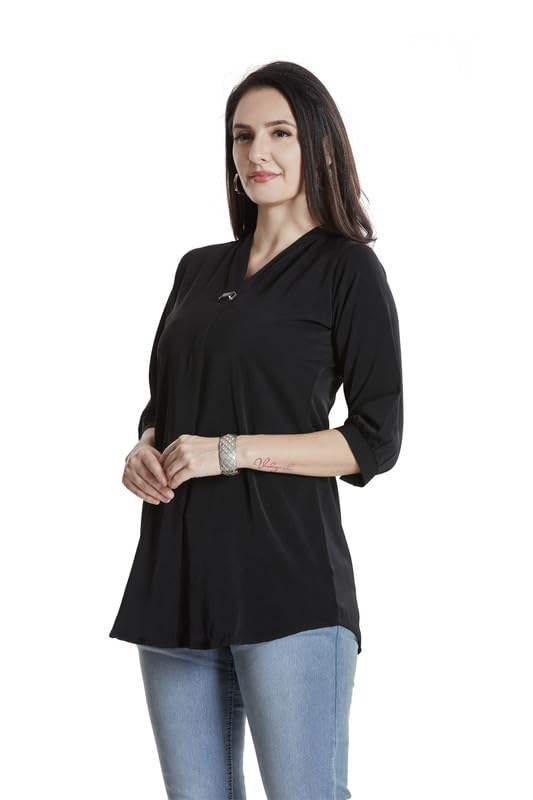 Image of nioni Women's Purple Poly Linen Blend Tunic Top with 3 /4 Sleeves, Printed Yoke, Kantha Stitch Detailing & Mandarin Collar