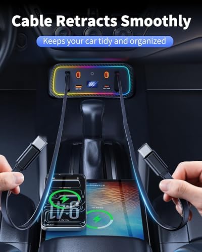 DICMKY Car Charger Usb Hub with RGB Light for 2026 2025 2024 2023 2022 2021 2020 Toyota Corolla Accessories, 4-Port Docking Station with Retractable Cable, Phone Fast Charging Hub with Voltage Display — view 8