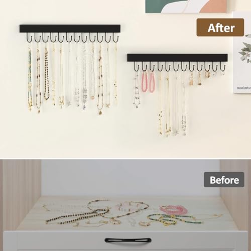 ZEDODIER 2 Pack Necklace Organizer Wall Mount, Wooden Jewelry Hanger Necklace Holder with 24 Hooks,Hanging Jewelry Organizer, Black