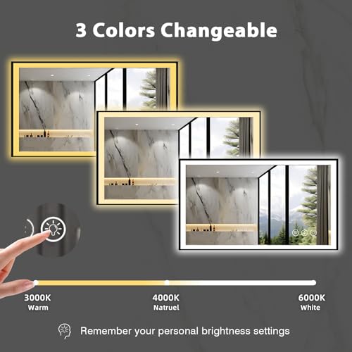 40x24 LED Bathroom Mirror for Wall, Black (Metal, Aluminum) Framed, Front Light and Backlit, 3 Colors and Dimmable Vanity Mirror, Anti-Fog, Shatter-Proof, Memory (Horizontal/Vertical)