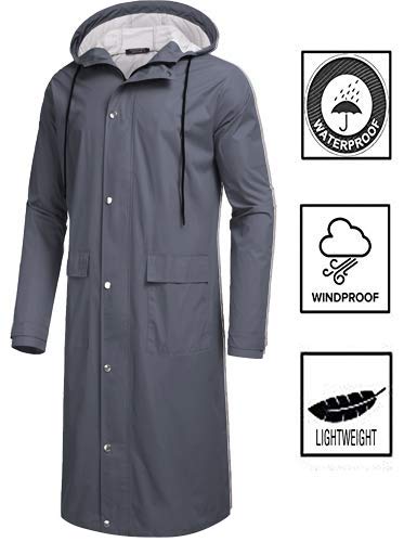 COOFANDY Men's Rain Jacket with Hood Waterproof Lightweight Active Long Raincoat (Dark Grey, Large)