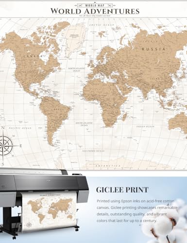 Image of IPIC - Vintage Push Pin World Map Canvas Wall Art, Oversized Travel Map Print for Travel Lovers, Push Pin Wall Decor for Home, Office, Study or RV, Ready to Hang