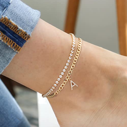 Ankle Bracelets For Women Initial Anklet, 14K Gold Plated Gold Anklets For Women Teen Girls Layered Ankle Bracelets Initial Ankle Bracelet Letter A Cubic Zirconia Tennis Anklet For Women Jewelry Gifts #TOP2