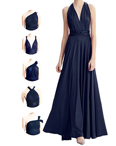 Unendlichkeitskleid für Damen, Brautjungfern, Hochzeitsgäste, Übergröße, Wickelkleid, lang, Maxi, wandelbar, vielseitig tragbar, Marineblau,...