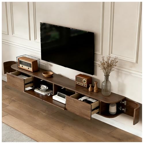 JUNFUNNLE Mueble TV Suspendido 220cm Color Nogal, Mueble Salon 30cm Ancho, con 2 Cajones 1 Puertas Gran Almacenamiento, para Salón, Comedor, Dormitorio