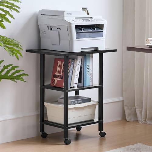 Lerliuo 3 Tier Printer Stand with Storage, Printer Table for Home Office, Wooden Rolling Printer Cart Shelf with Lockable Wheels fit Fax Machine, Scanner(Black) - Image 4
