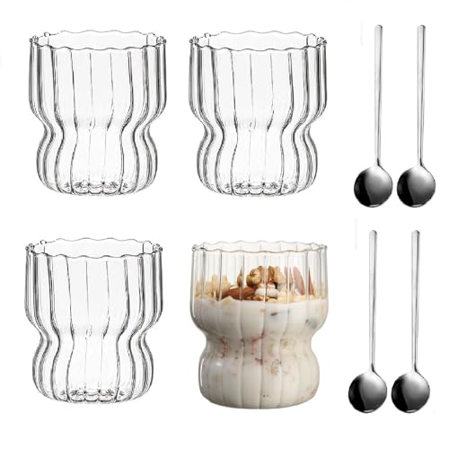 Vintage Coffee Mugs Dessert Cups Glass Set of 4, 260ML Clear Ice Cream Cups Ripple Drinking Glasses Set With Spoons, Cocktail Glasses Coffee Bar Accessories Glassesware for Whiskey Tea Soda Coffee